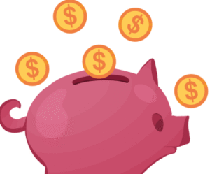 Pink piggy bank with gold coins with dollar signs falling in it.